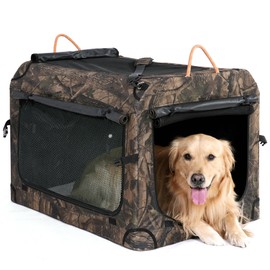 KOOPRO 27.5 Inch Collapsible Dog Crate, Portable Soft-Sided Dog Travel Carrier Camouflage Style Pet Kennel 4-Door with Durable Mesh Windows, Washable Mat, Indoor & Outdoor for Small Medium Large Dogs
