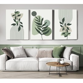 Induslyfe Large Framed Boho Canvas Wall Art Set of 3, Mid Century Modern room Decor, Minimalist Sage Green Botanical Boho Bathroom wall art 18x24 Abstract Geometric Canvas Prints Ready To Hang Bedroom