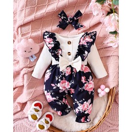PaPaai Sara 0-3 Months Newborn Girl Clothes Baby Girl Fall Clothes Long Sleeve Floral Romper Navyblue Girl Coming Home Outfits Set Infant Clothing for Girls+Cute Headband Bow