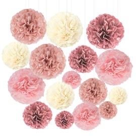 Pompons Decoration,RoadLoo 16 Blush Pink Hanging Paper Pom Poms Tissue Paper Flower Wedding Decoration Table Decoration Communion Baby Shower for Pink Bachelorette Birthday Party Decorations