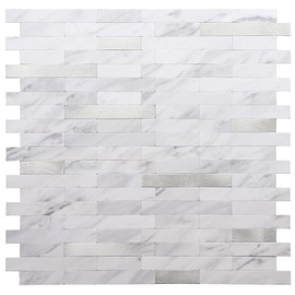 STICKGOO Peel and Stick Backsplash, PVC Wall Tiles Stick on Backsplash for Kitchen(5 Sheets, White Marble with Metal Silver)