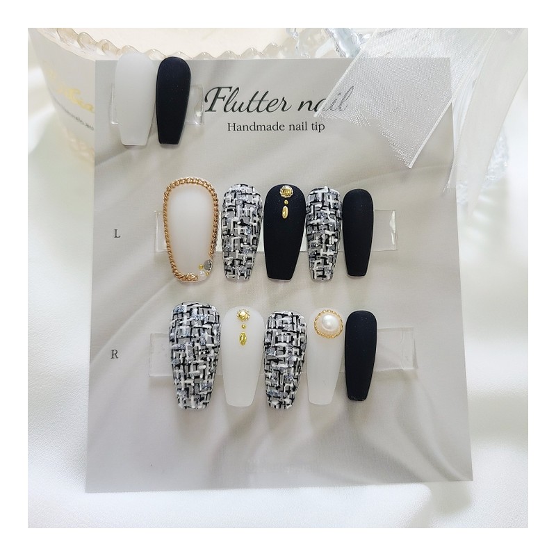 Black tweed gold point handmade nail tip - long ballet