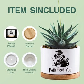 Funny Magical Cat Ceramic Succulent Cactus Flower Plant Pots with Bamboo Tray, 3.5 Inches Window Garden Cute Cat Planter Pot for Home Desk Decor Planter (No Plants)