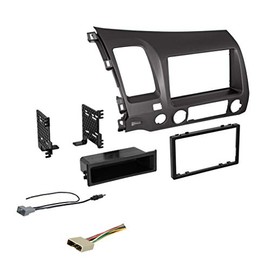 Dark Metallic Double DIN Dash Kit for 2006-2011 Civic with Antenna Adapter & Harness, Compatible with All Trim Levels