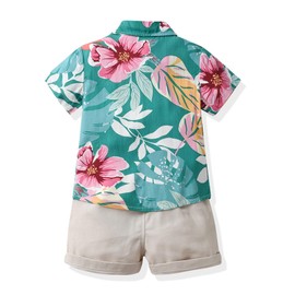 Toddler Baby Boy Summer Hawaiian Outfit Floral Shirt + Solid Shorts Little Gentleman Button Down Bowtie Suit Set (172-Beige, 2-3 Years)