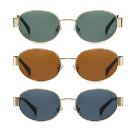 Xpectrum Vintage Retro Oval Sunglasses for Womens Mens, Trendy Classic Shades, Gold Fashion Glasses X9896 (3Pack: Grey+Brown+Green)