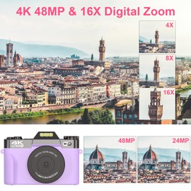Digital Cameras for Photography, 4K 56MP Vlogging Camera 16X Digital Zoom Manual Focus Rechargeable Students Compact Camera with 52mm Wide-Angle & Macro Lens, 32G TF Card and 2 Batteries(Purple)