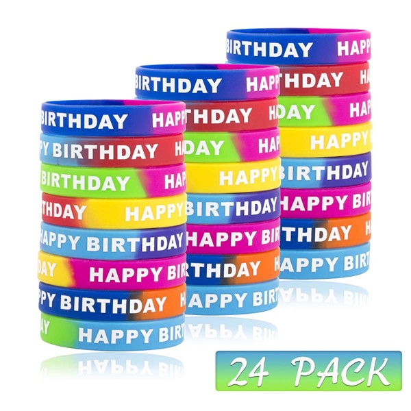 Happy Birthday Rubber Bracelets, Colored Silicone Stretch Wristbands for Birthday Party Supplies Favors 8 Styles 24 Pieces