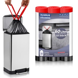 XUXRUS Schwarz Müllbeutel 60L mit Zugband Mülltüten mit Tragegriff Groß Müllsäcke,30 Stück Küchen Abfallsack