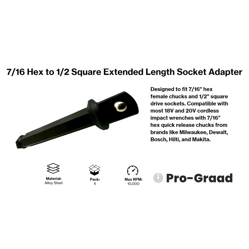 Pro-Graad 7/16 Hex to 1/2 Square Socket Extended Length Adapter