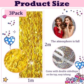 3pcs Glitter Champagne Gold Tinsel Curtains Party Backdrop,1*2m Wave Foil Door Curtain,Shimmer Foil Curtains Party Fringe Curtain Streamers for Birthday Wedding Engagement Christmas Party Decorations