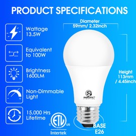 Energetic 100W Equivalent, A19 LED Light Bulb, Warm White 3000K, E26 Base, Non-Dimmable, 1600LM, ETL Listed, 4-Pack