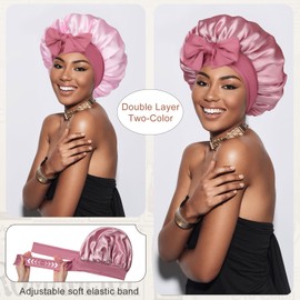 Satin Bonnet for Sleeping Cap Double Layer Hair Bonnet with Elastic Tie Band for Curly Hair Night Cap (Bean Paste + Pink)