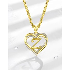 INFUSEU Necklace with Pendant, Chain with Letters Necklaces Pendant A-Z Alphabet Large Jewellery Double Heart Initials Zirconia CZ Heart Gifts for Women Couples 50.8 cm Long Chain, Bronze