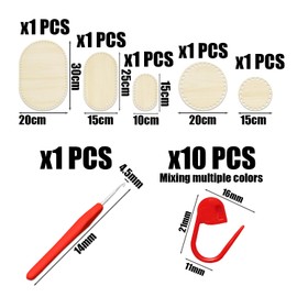 FFDHWU 5 Pieces Wooden Base Crochet Basket, 1 Piece Crochet Hook, 10 Pieces Marked Buckles, Crochet Basket Wooden Base Natural Wood Basket Base, Round Bottom