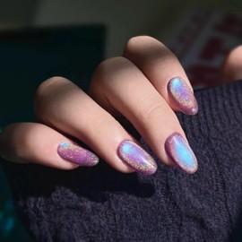 Cat Eye Press on Nails Handmade Short Oval/Square/Round False Nails with French Tip/Aurora/Magnetic Shimmer Designs (Rainbow Purple L)