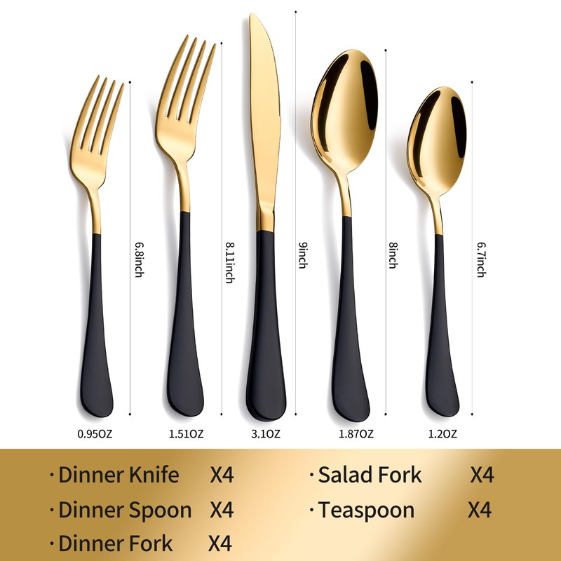 Moxinox 20-Piece Black & Gold Silverware Set, 18/0 Stainless Steel
