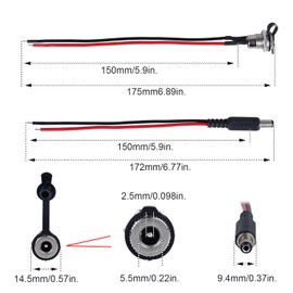 DC Power Socket Threaded Mount Connector Adapter 5.5 x 2.5MM, with Waterproof Cover Cap and Cable (15CM 20AWG) - 6 Sets