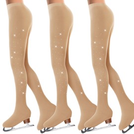 Ramede 3 Pcs Figure Skating Tights for Kids Rhinestones Ice Skate over the Boot Tights Tan Crystal Figure Skate Tights Girls Women Figure Skating Ballet Dance