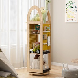 PulSpeed 360° Rotating Bookshelf 59" Tall - 4-Tier Solid Beech Wood & Iron Shelf DIY Pegboard, Anti-Tip Design Heavy Duty Storage for Small Space/Office/Living Room/Nursery/Apartment/Kid's Room