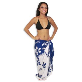 Hawaiian Aloha Fashions White Navy Sarong Swimsuit Cover-up Plumeria Flowers with Free Sarong Tie Accessory