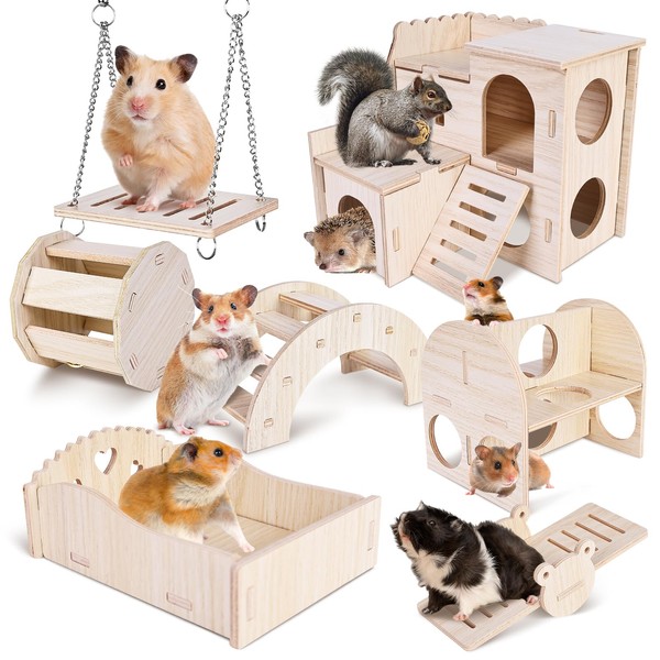 Hamster Toy House Hamster Cage Accessories: 7 Pieces DIY Wooden