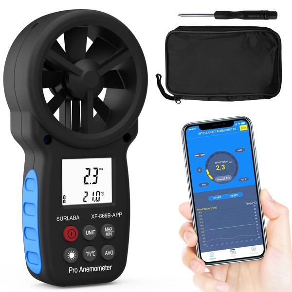 Bluetooth Anemometer for Outdoor, Digital Wind Speed Meter Range 0.3-30m/s & APP Supported, Wind Gauge with MAX/MIN/AVG Modes & Temperature Test, Air Velocity Tester for Drones, Sailing, Shooting
