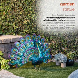 Alpine Corporation 23" Tall Outdoor Metallic Peacock Tail Spread Yard Statue, Vibrant Garden Sculpture for Patio, Lawn, or Entryway, Multicolor