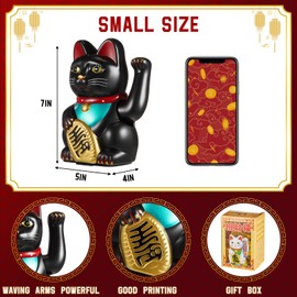 Chunful 7 Inch Lucky Cat Waving Arm Maneki Neko Lucky Beckoning Feng Shui Wealth Cat for Welcoming Fortune Wealth Prosperity Decoration, Battery Not Included(Black)