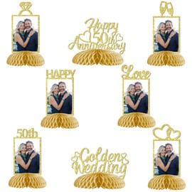 50th Wedding Anniversary Decorations, 50th Golden Wedding Photo Table Centerpieces Happy 50th Anniversary Table Toppers Honeycomb Decorations Love Ring Cheers to 50 Years Party Supplies