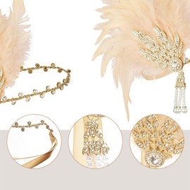 XDGBGFN Women's 1920s Headband Leaf Rhinestone with Feather Headband Costume Accessories 20s Style Flapper Women's Fancy Dress Party Accessory Costume Accessories (Champagne)