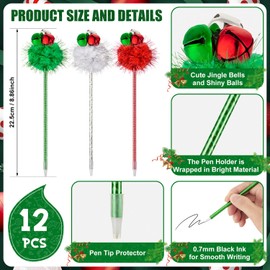12 Pcs Christmas Jingle Bell Pens, Silver Red and Green Christmas Themed Ballpoint Pens, Cute Christmas Bells Pens Bulk for Kids, Christmas Party Favors, Home Decoration (Black Refill)