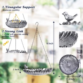 MUMTOP Hanging Bird Baths for Outdoors - Metal Bird Bath, 11.6 Inch Flower Shape Birdbath Bird Feeder Bowl for Outside, Garden, Lawn Yard Decor(Silver)