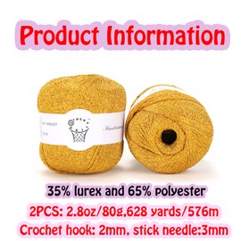 2PCS Metallic Crochet Thread,Yarn for Crocheting,Metallic Thread Round Band Yarn,Lurex Yarn with Metallic Shine, Sparkle Metallic Yarn for Clothes, Car Charm, Keychain Charm 80g(Bright Gold)