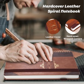 Yoment Spiral Journal Large Leather Notebook 300 Pages Hardcover Spiral Bound Journal B5 Spiral Notebooks for Note Taking Work Office, with Pen, Gift Box, Brown