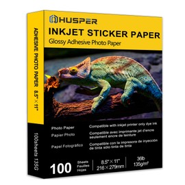 HUSPER Self-Adhesive Photo Paper 8.5 x 11 Inches Glossy Sticker Paper for Inkjet Printer 100 Sheets 135 gsm 36Ib Dye Ink Only