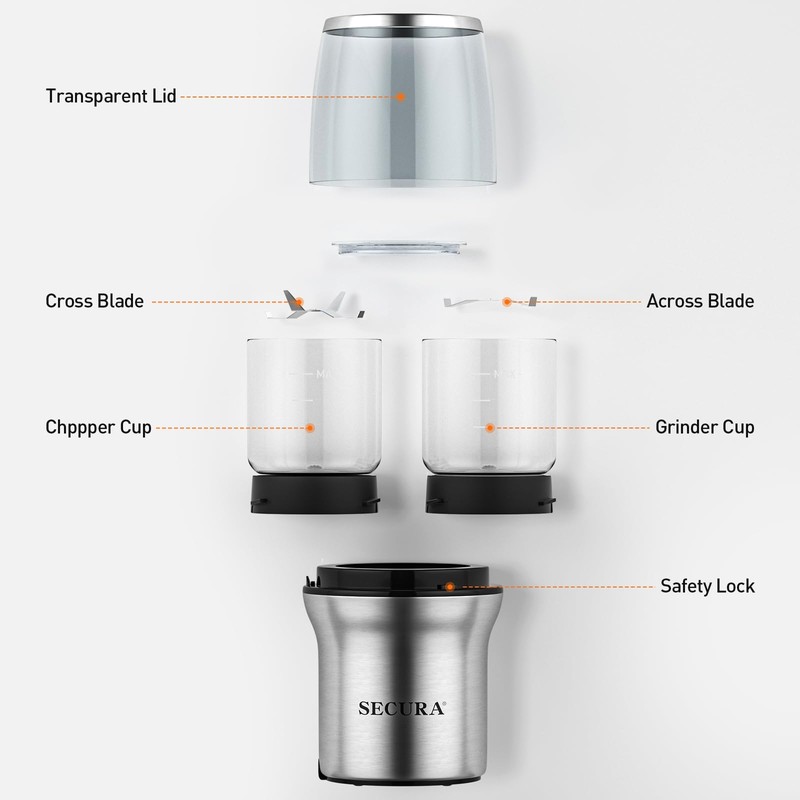 Secura Coffee Grinder Electric, Spice Grinder, Dual Glass Bowls for