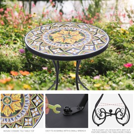 VCUTEKA Outdoor Side Table Mosaic Patio Table Accent Tables Mosaic Tile Top Metal Frame Small End Tables Porch Beach Patio Garden Balcony Yellow
