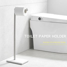 JOMANDAN 304 Stainless Steel Freestanding Toilet Paper Holder with Marble Base - Multi-Roll Capacity, No-Drill Installation, Bathroom Organizer for Compact Spaces (Brushed/White Marble)