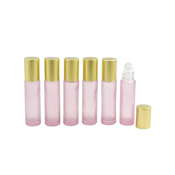 Grand Parfums 10ml, 1/3 oz, Blush Frosted Rose Pink Glass Roller Bottles, Great for Gifting Perfumes, Colognes, Essential Oils, & Tinctures with Matte Gold Caps, Stainless Steel Rollerball, 6 Count