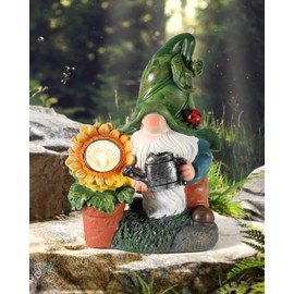 iStatue - Gnomos de jardín para exteriores, estatua de resina con regadera LED de girasol, decoración de patio para césped, regalos únicos de hadas (gnomo de 8 pulgadas)
