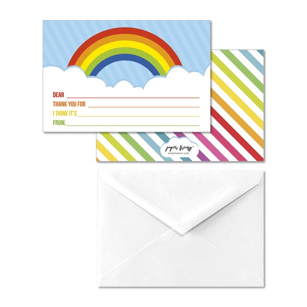 Paper Frenzy Rainbow Children's Kid Write In Thank You Note Cards and Envelopes Easy to Fill out