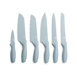 GreenLife 6 Piece Kitchen Knife Set, Rust-Resistant Nonstick Coating, High Carbon Stainless Steel Knives, Blade Guards, Razor Sharp, Ergonomic Handle, Chef, Santoku, Paring, Blue Haze