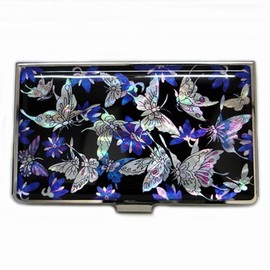 Mother of Pearl MOP Blue Butterfly Business Credit Name Id Card Holder Case Metal Stainless Steel Engraved Slim Purse Pocket Money Wallet