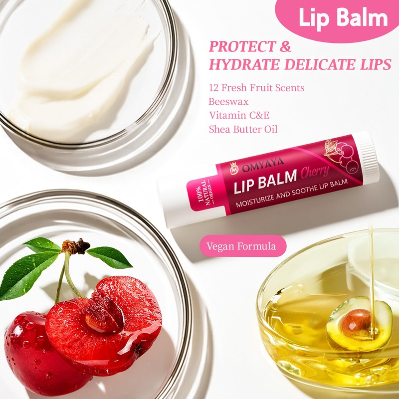 Lip Balm Set,12 x 5g Moisturising Lip Balms with Natural