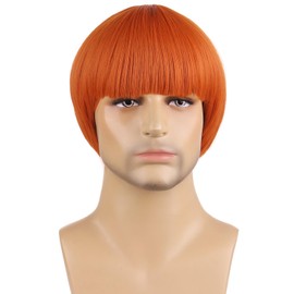 RightOn Short Orange Bowl Cut Wig 80s Outfit for Men Synthetic Orange Mushroom Wigs for Daily Party or Cospaly Hairnet Include