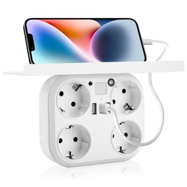 ELUBLU Multiple Socket, with Palette, Double Plug for Socket, Power Strip with Controllable Lighting, Double Plug for Socket, 3 USB Sockets, White