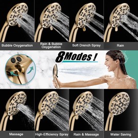 Cobbe 8 Functions Shower Head with handheld, High Pressure Shower Head Set with Hose Adjustable Bracket Rubber Washers (Gold)