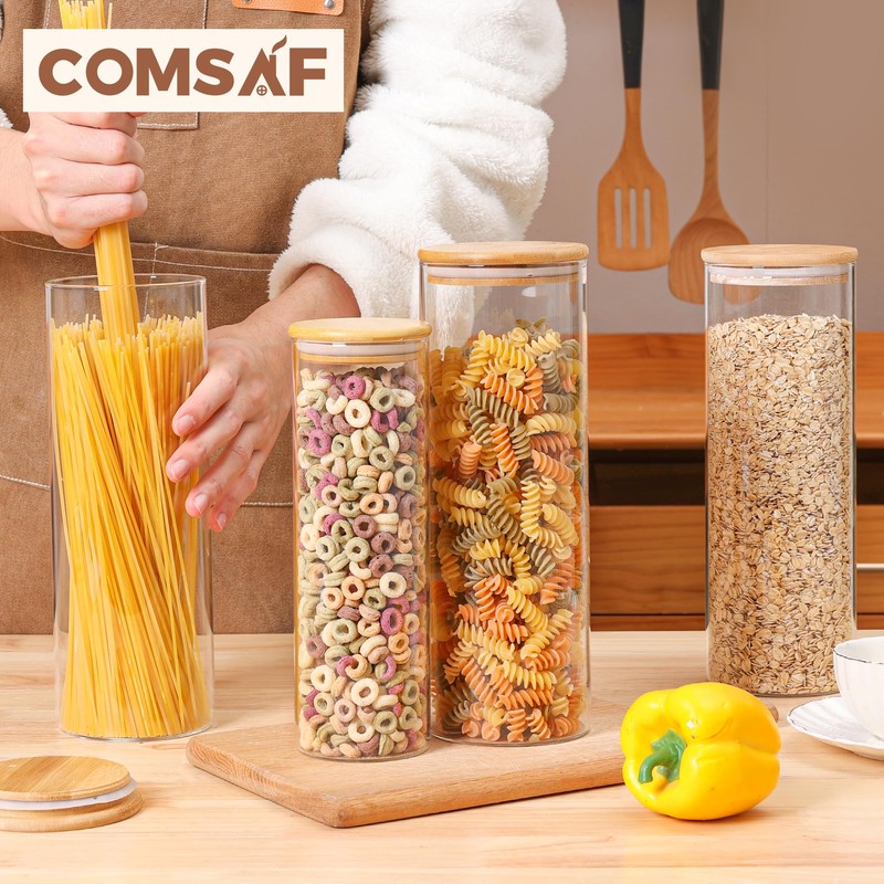 ComSaf Glass Food Storage Jars Set of 6, Tall Glass