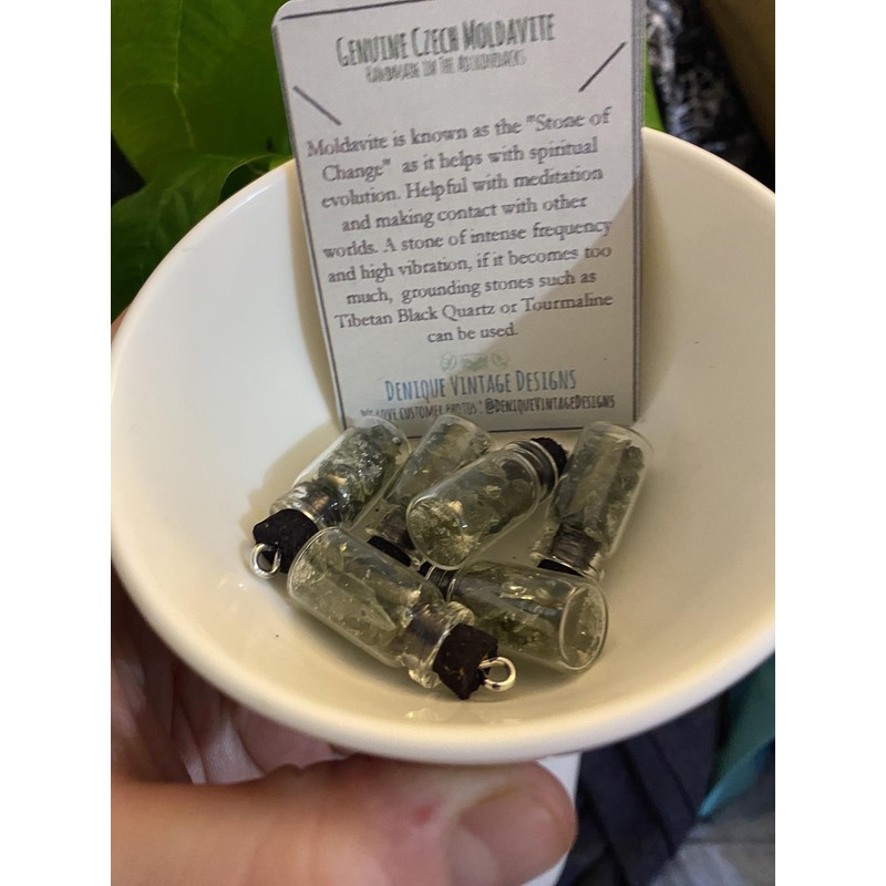 Real Moldavite Glass Bottle Black Cork Pendant Filled With Chips